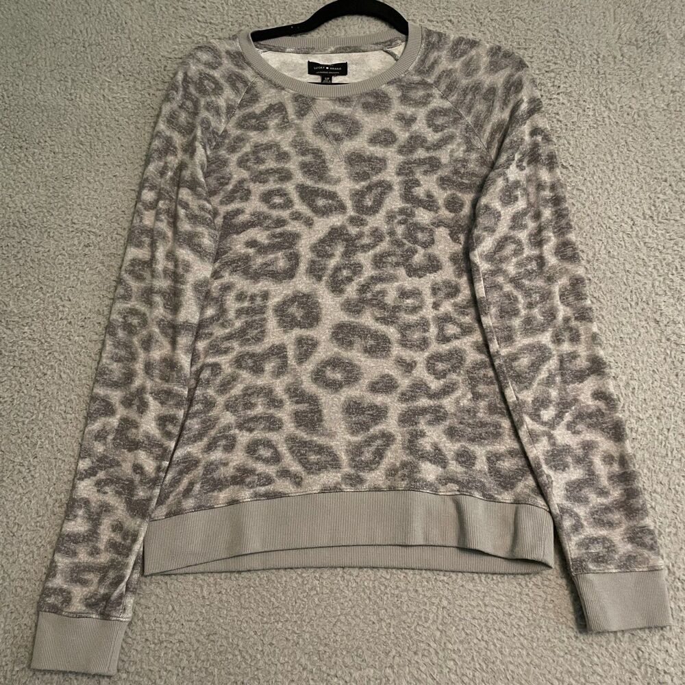 Lucky Brand Womens Sz S Hacci Leopard Print Crew Neck Sweater Long Sleeve Animal